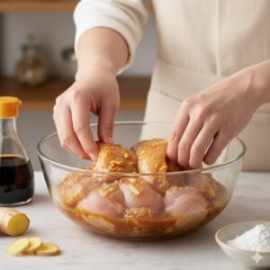 下味冷凍の最大のメリットである肉が柔らかくなる科学的な変化を視覚的に表現した、調味料に漬け込まれた鶏むね肉のクローズアップ。